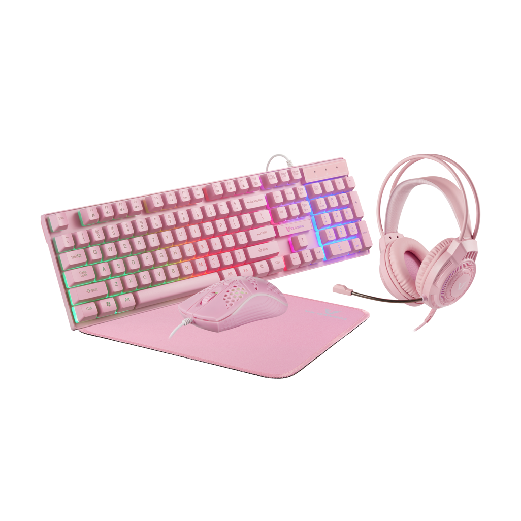 VX Gaming Freya 4-in-1 Rainbow Gaming Combo – Pink | Keyboard, Mouse, Headset & Mousepad