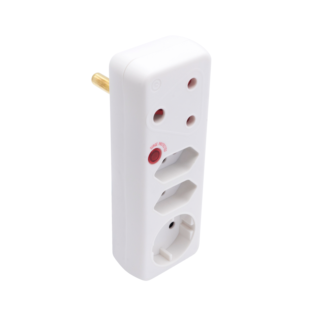 SWITCHED 4 Way Medium Surge adaptor with Schuko - White